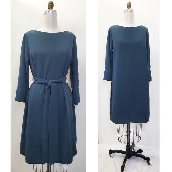 H&M Womens Dark Teal Boat Neck Crepe Dress with Tie M NWT - Picture 1 of 9